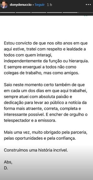 Dony de Nuccio publica carta aberta ao diretor de jornalismo