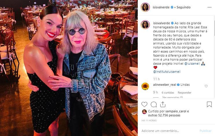 Isis Valverde prestigia Rita Lee em evento beneficente: ''Uma mulher à frente do seu tempo''