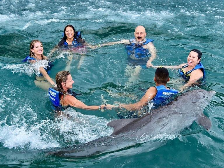 Karina Bacchi e a família nadando com os golfinhos 