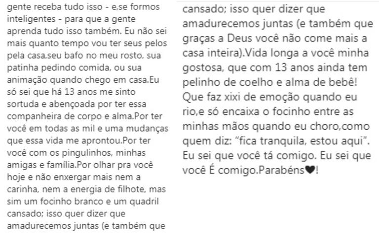 Fernanda Gentil postando homenagem emocionante para a cachorrinha, Nala