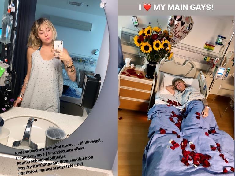 Miley Cyrus recebendo visita romântica do namorado, Cody Simpson, no hospital