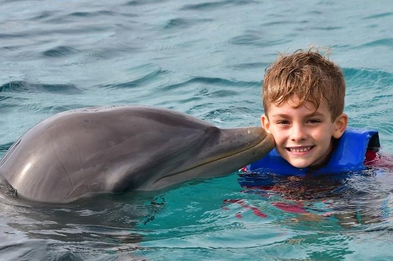 Ana Hickmann com o filho nadando com golfinhos