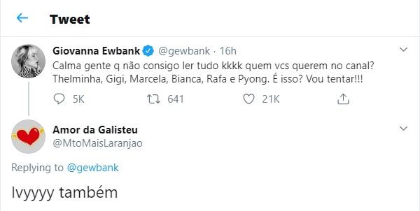 Fãs pedem que Giovanna Ewbank chame Ivy para seu canal e apresentadora responde