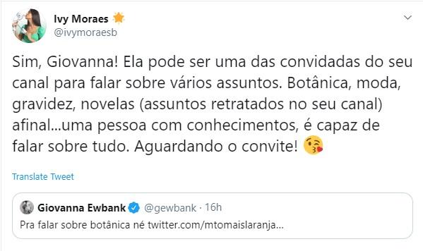 Fãs pedem que Giovanna Ewbank chame Ivy para seu canal e apresentadora responde