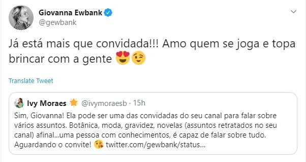 Fãs pedem que Giovanna Ewbank chame Ivy para seu canal e apresentadora responde