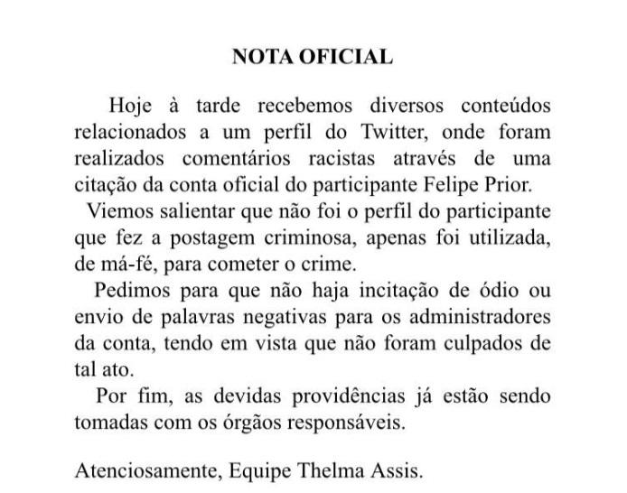 Página oficial de Thelma se pronuncia sobre caso de racismo