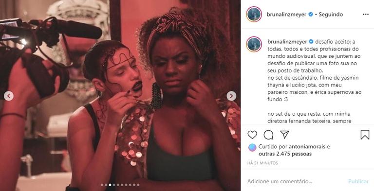 Bruna Linzmeyer reúne cliques em sets de filmagem e encanta