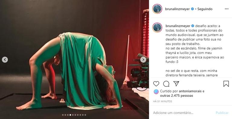 Bruna Linzmeyer reúne cliques em sets de filmagem e encanta