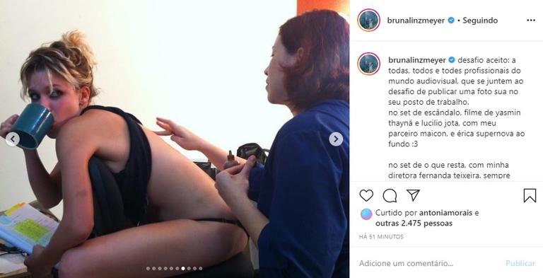 Bruna Linzmeyer reúne cliques em sets de filmagem e encanta