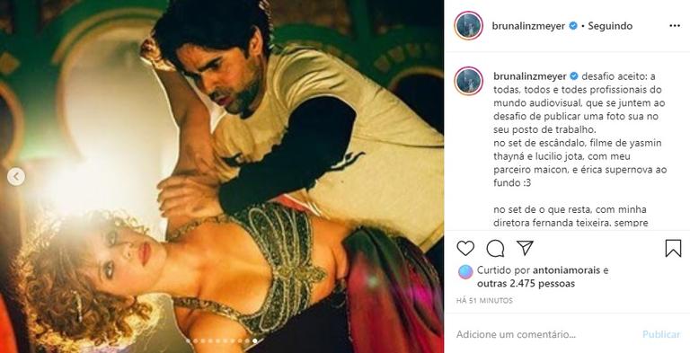 Bruna Linzmeyer reúne cliques em sets de filmagem e encanta