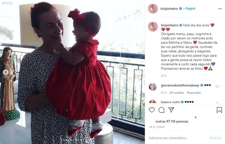 Ticiane Pinheiro mostra Manuella e Rafaella em momentos fofíssimos com os avós