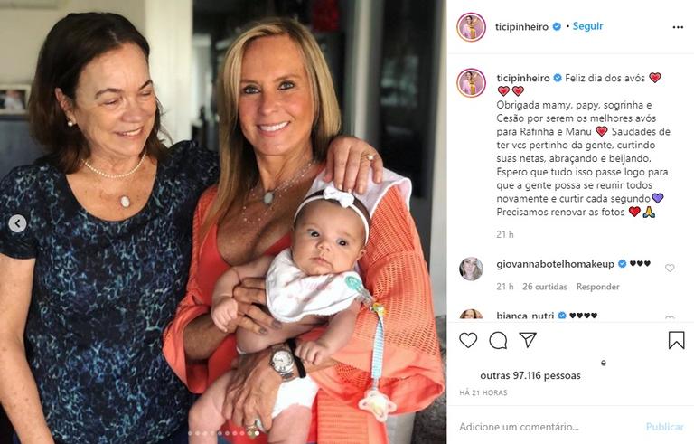 Ticiane Pinheiro mostra Manuella e Rafaella em momentos fofíssimos com os avós