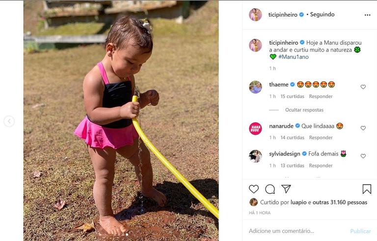 Ticiane Pinheiro exibe filha caçula brincando na natureza