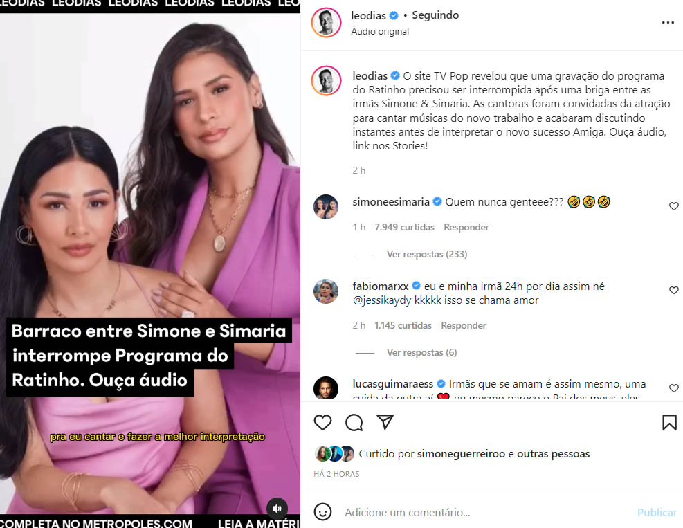 Perfil de Simone e Simaria faz comentário após desentendimento nos bastidores de gravação