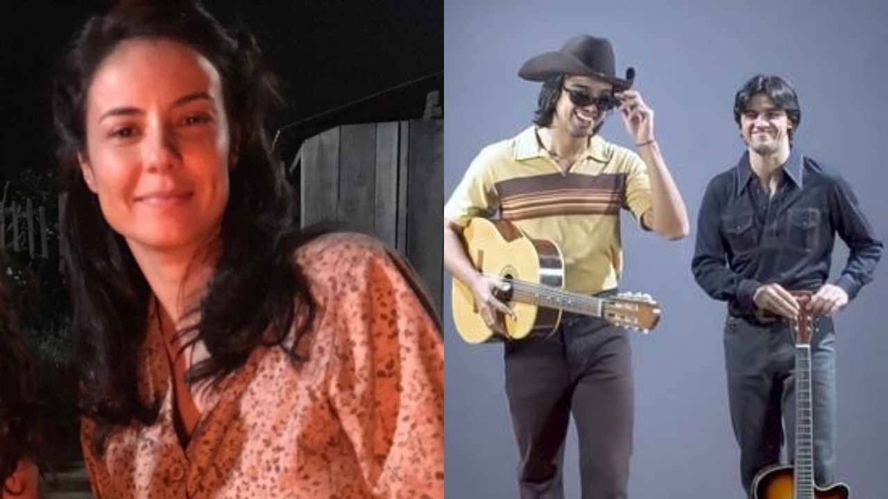 Andréia Horta surge com os irmãos Simas e atores mirins da série sobre Chitãozinho e Xororó