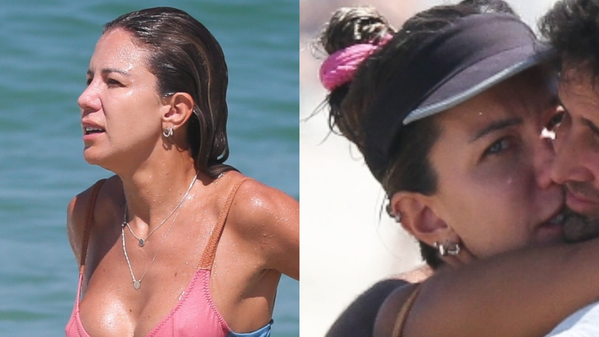 Bárbara Coelho, do Esporte Espetacular, troca chamego com o marido em praia no Rio