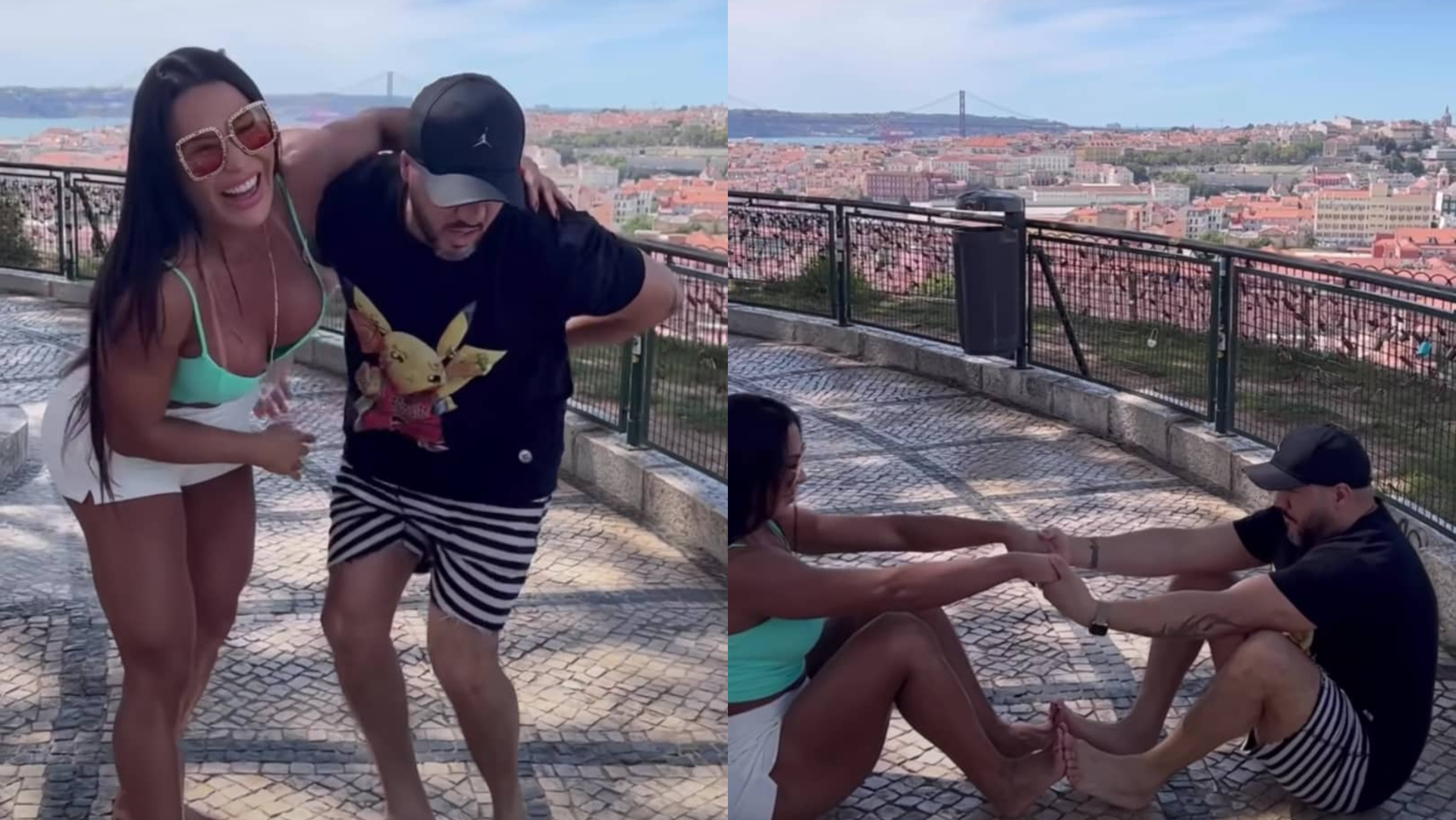 De shortinhos e top, Gracyanne Barbosa se arrisca ao fazer desafio com Belo em Portugal