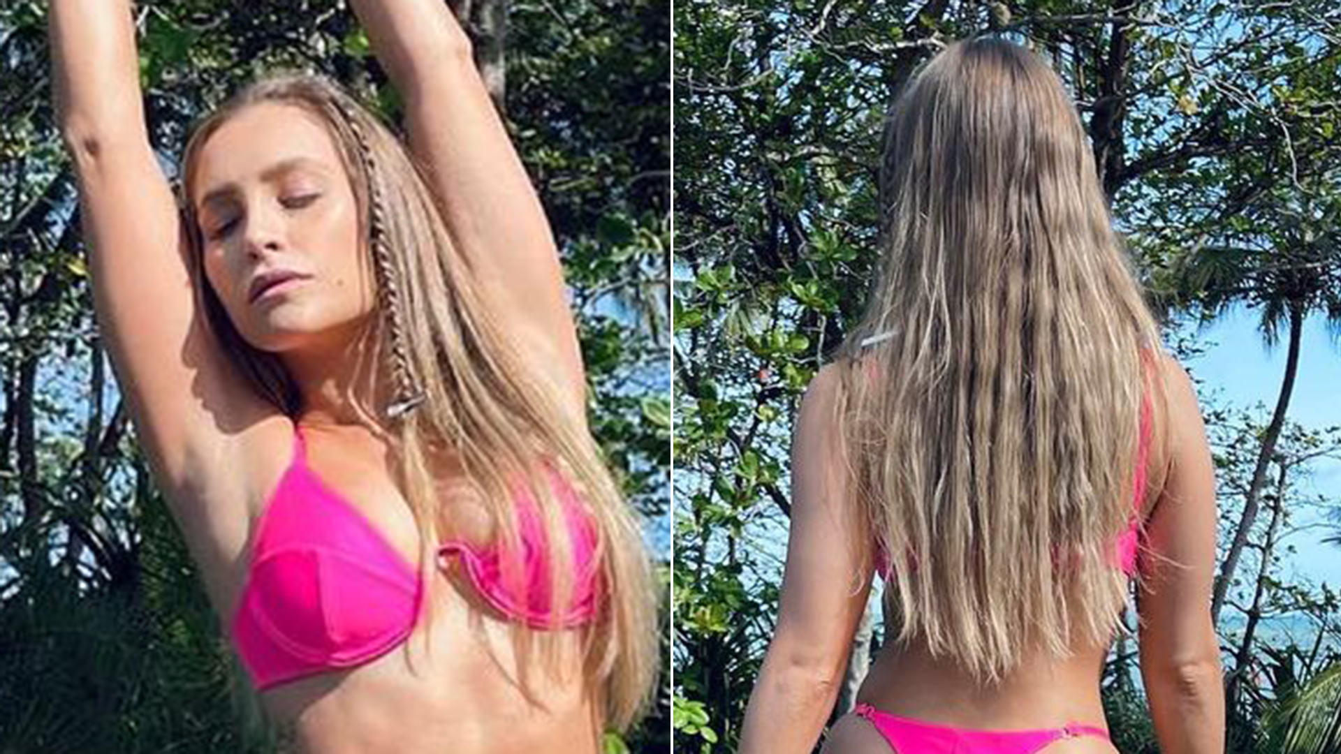 De biquíni mínimo, Carla Diaz exibe corpão em fotos de frente e verso