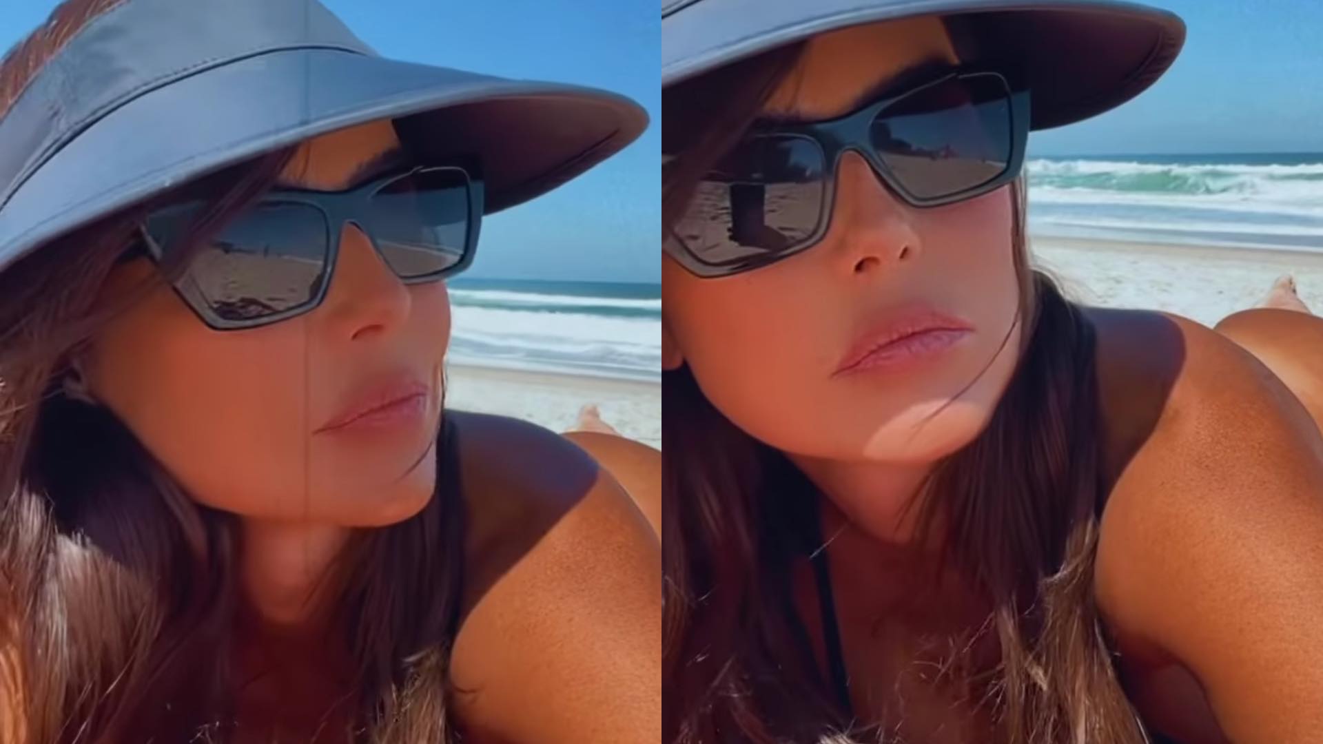 Deborah Secco empina o bumbum e posa com biquíni fininho na praia