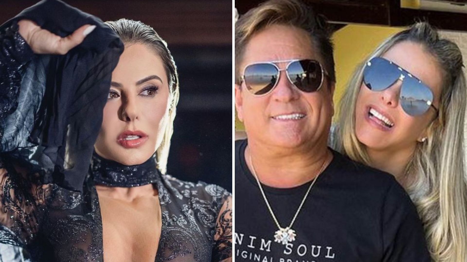 Espetáculo! Esposa de Leonardo usa vestido com decote até o umbigo e transparência