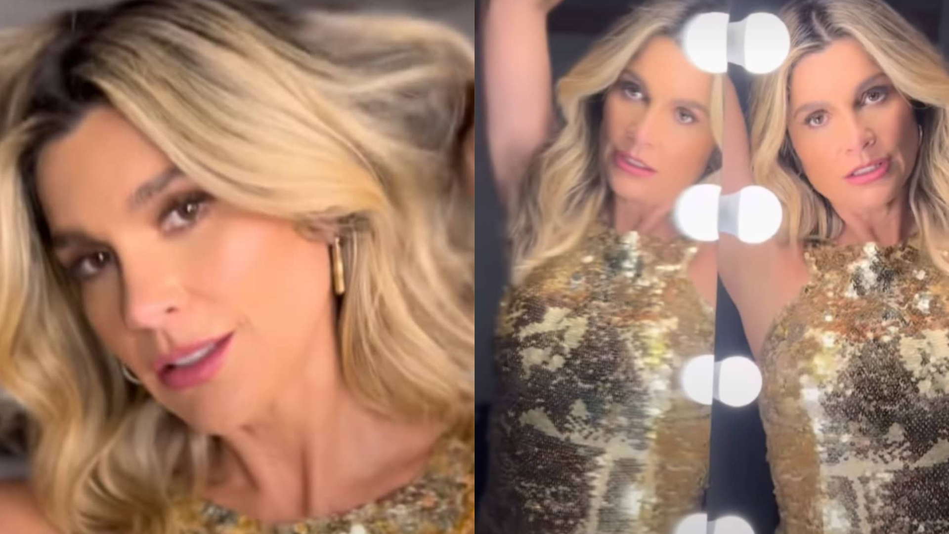 Flávia Alessandra sensualiza em vídeo usando vestido dourado e arrasa