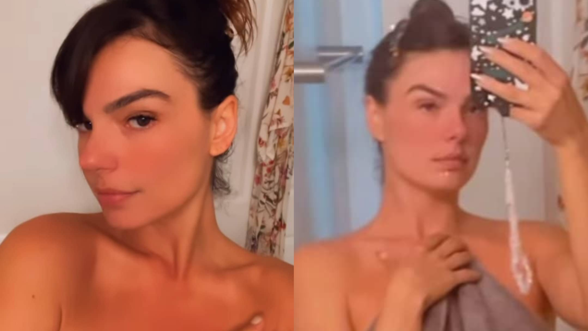 Só de toalha, Isis Valverde exibe pele de pêssego e impressiona