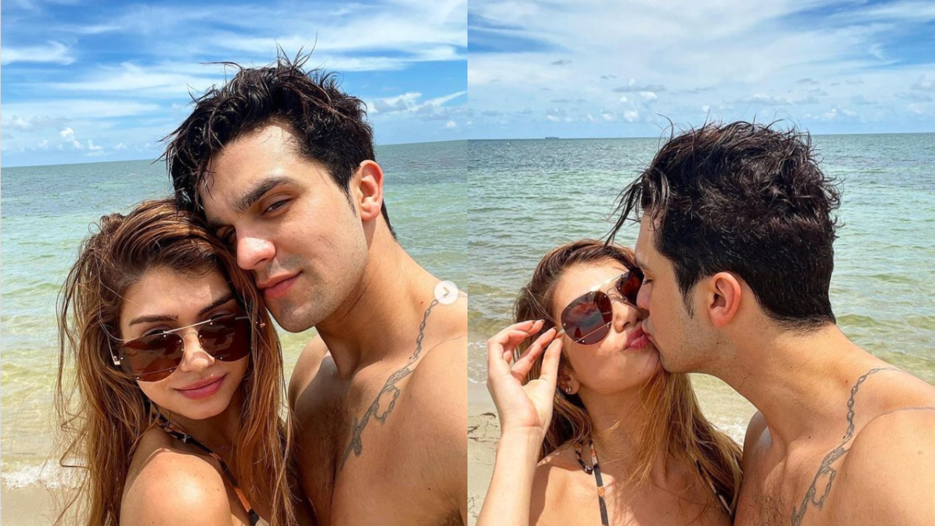 Luan Santana surge em clima de romance com a noiva na praia