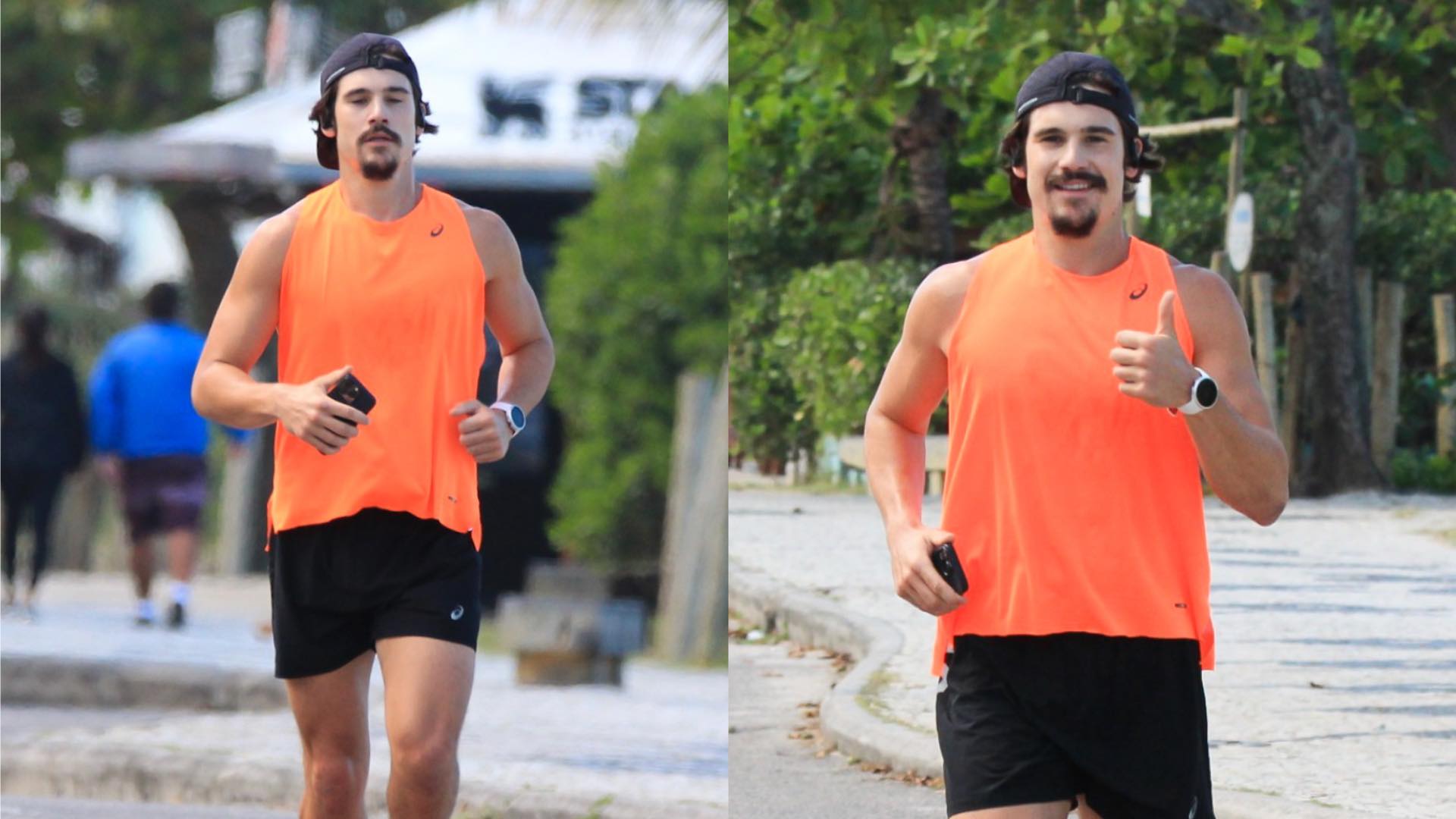 Nicolas Prattes corre na orla da Barra da Tijuca e acena para fotógrafo