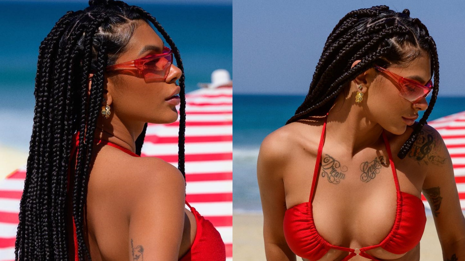 Com biquíni fio-dental, Pocah empina o bumbum em cliques ousados na praia: “Maravilhosa”