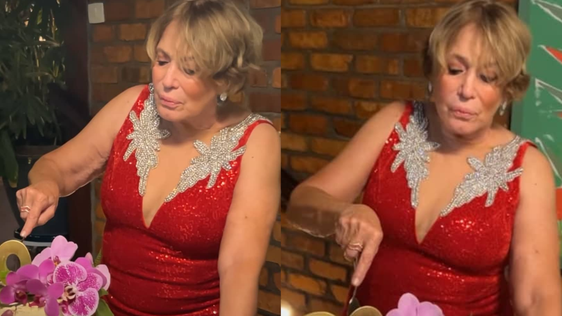 De vestido vermelho decotado, Susana Vieira brilha em sua festa de 80 anos