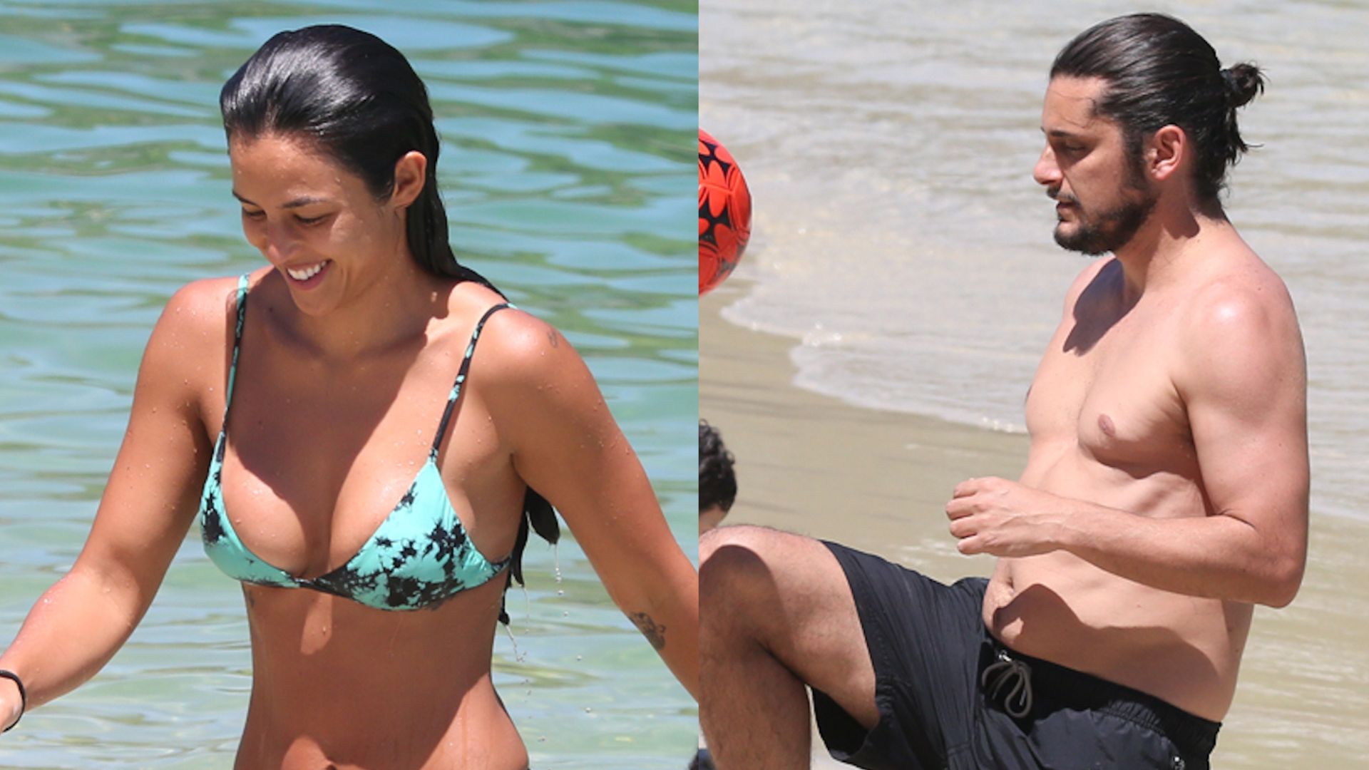 Bruno Gissoni e Yanna Lavigne se refrescam em praia no Rio de Janeiro