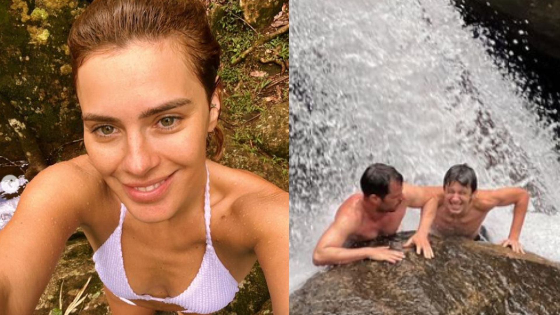 De biquíni minímo, Carolina Dieckmann curte banho de cachoeira: “Sereia!”
