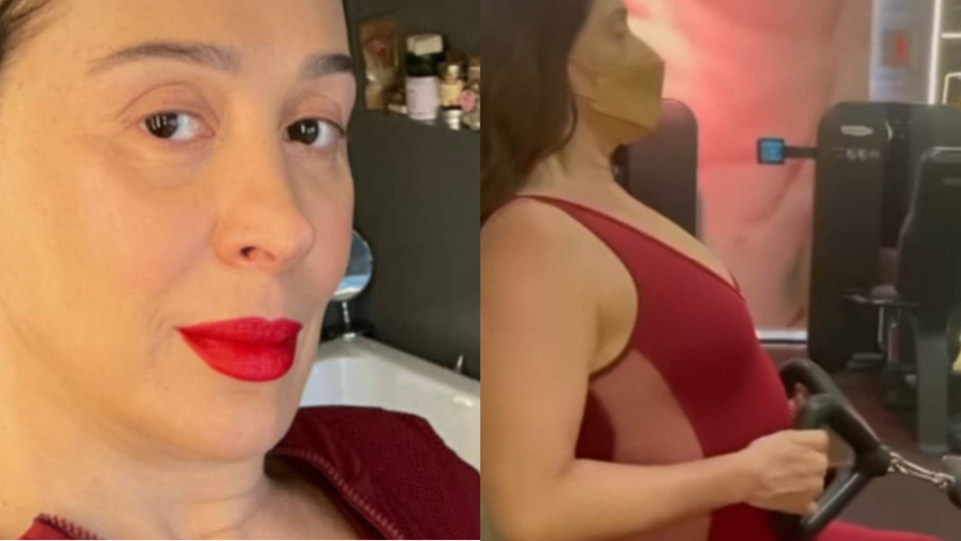De macacão vermelho, Claudia Raia exibe barrigão de 5 meses na academia: ”Na luta”