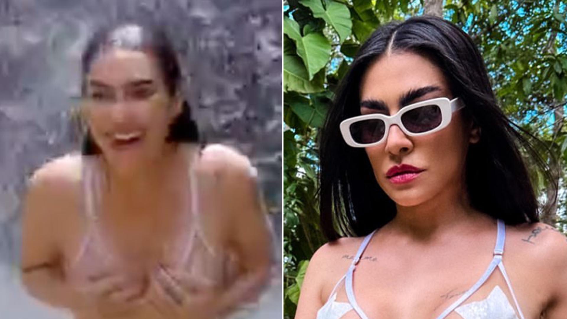 Cleo quase mostra demais ao usar biquíni com transparência na cachoeira