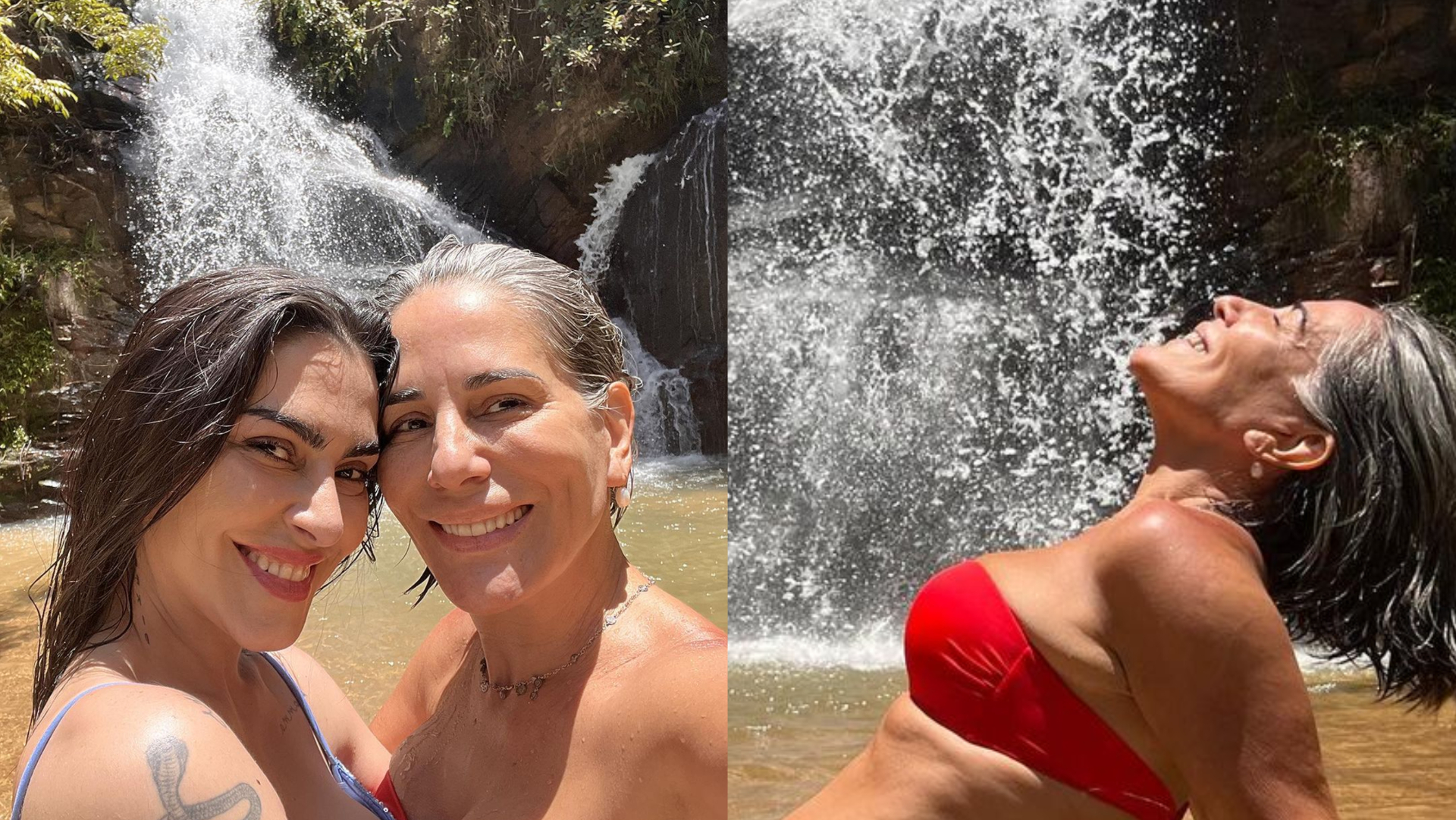 De biquíni, Cleo e Glória Pires dão show de beleza em cachoeira: ”Tal mãe, tal filha”