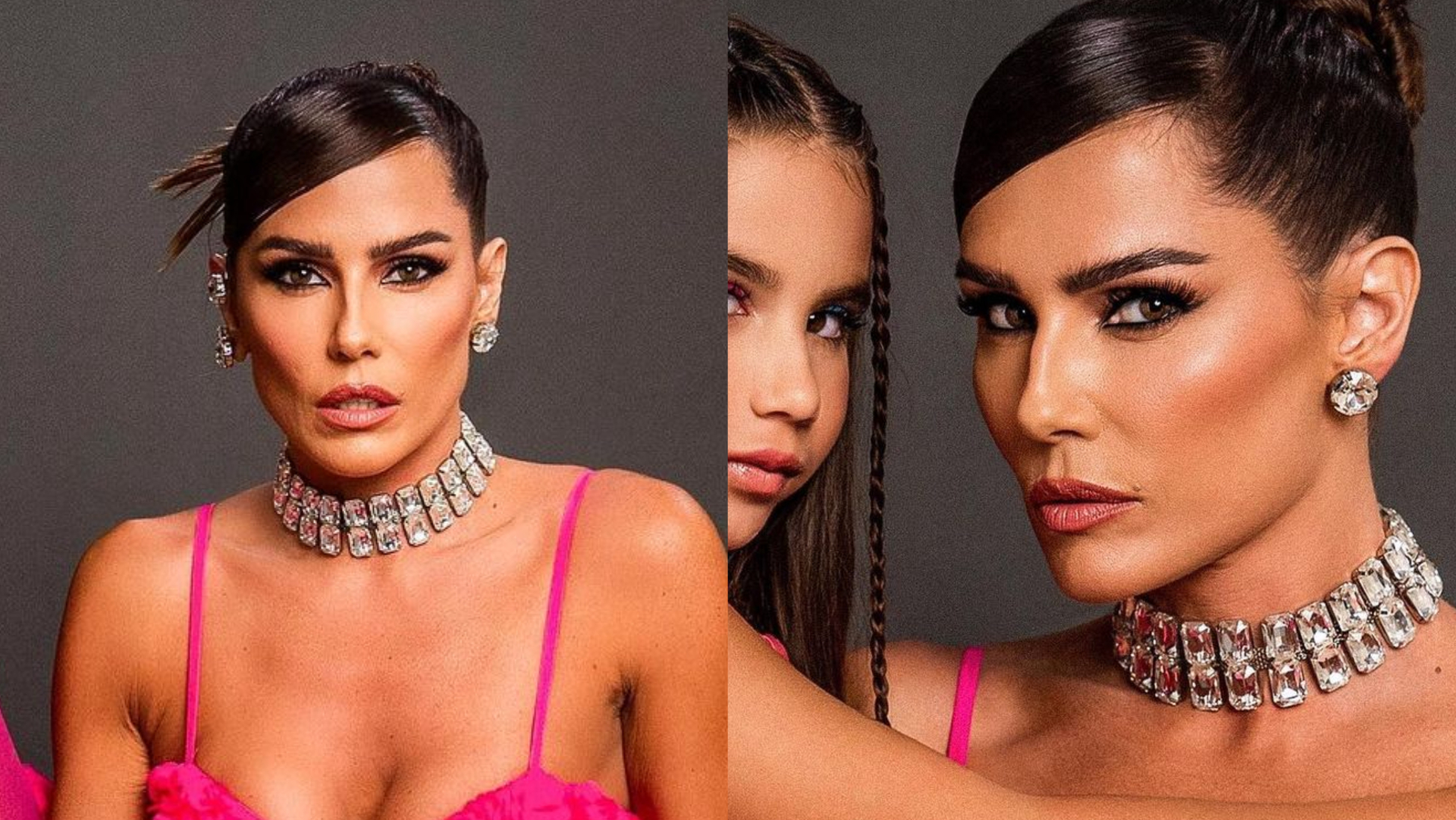 De rosa, Deborah Secco combina look com Maria Flor para festa da filha