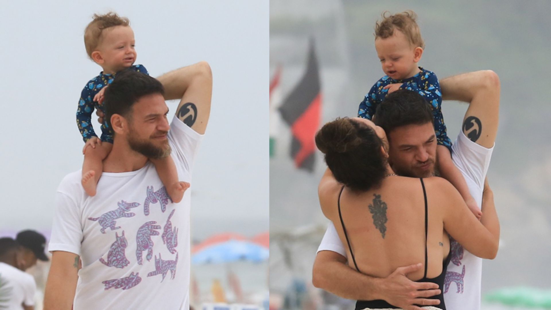Emílio Dantas curte manhã na praia com a esposa e os gêmeos no Rio Janeiro