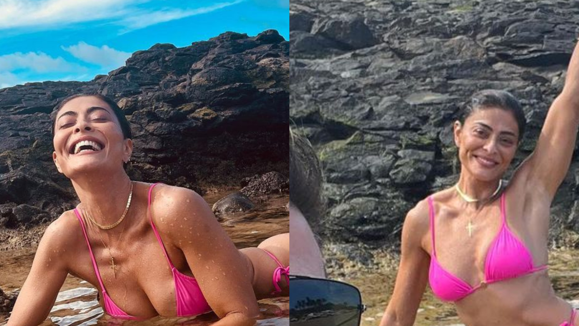 De biquíni, Juliana Paes rouba a cena com corpaço escultural na praia com a família: ”Sereia”