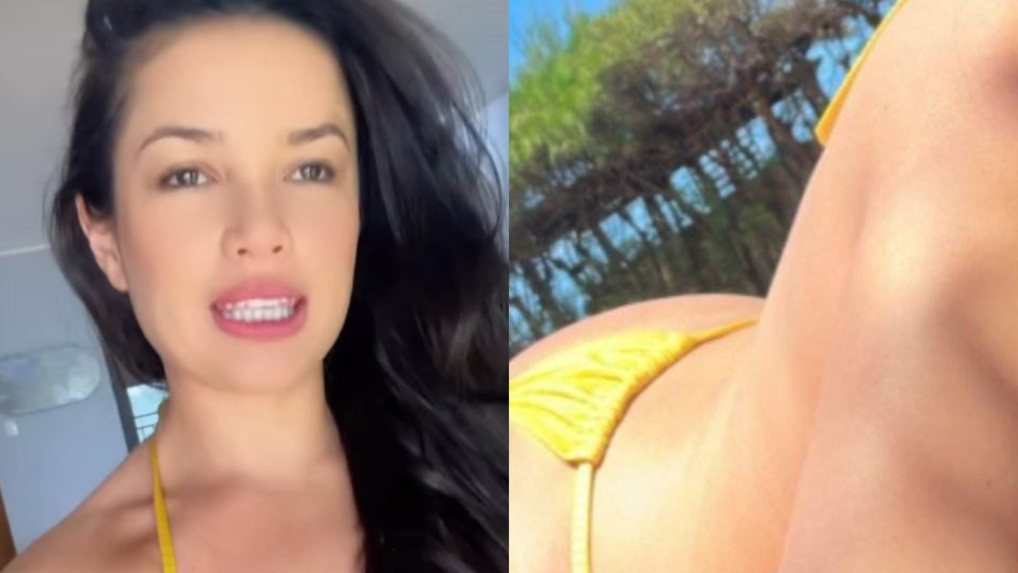De biquíni amarelo, Juliette coloca bumbum para cima ao tomar sol
