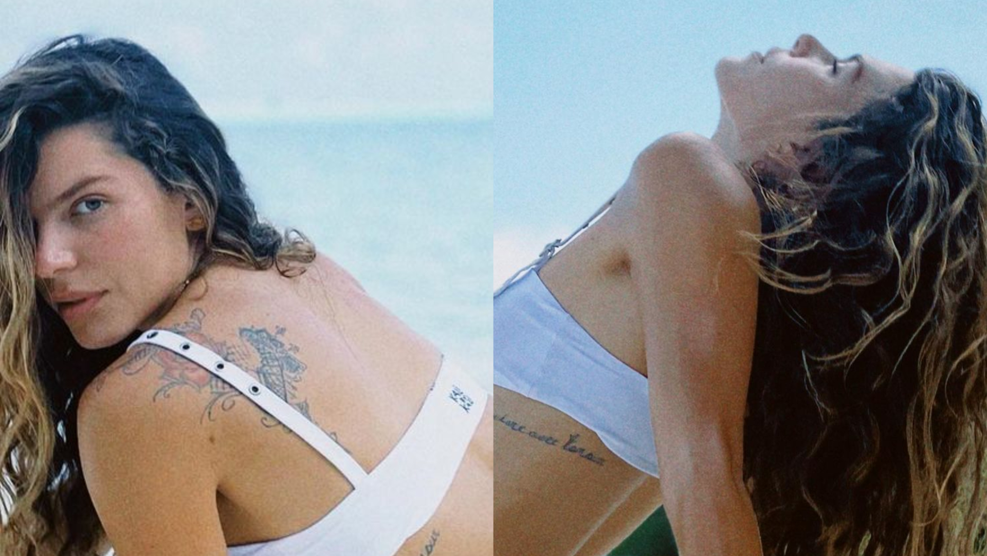 De biquíni branco cavado, Mariana Goldfarb esbanja beleza natural e corpaço na praia: ”Deusa”
