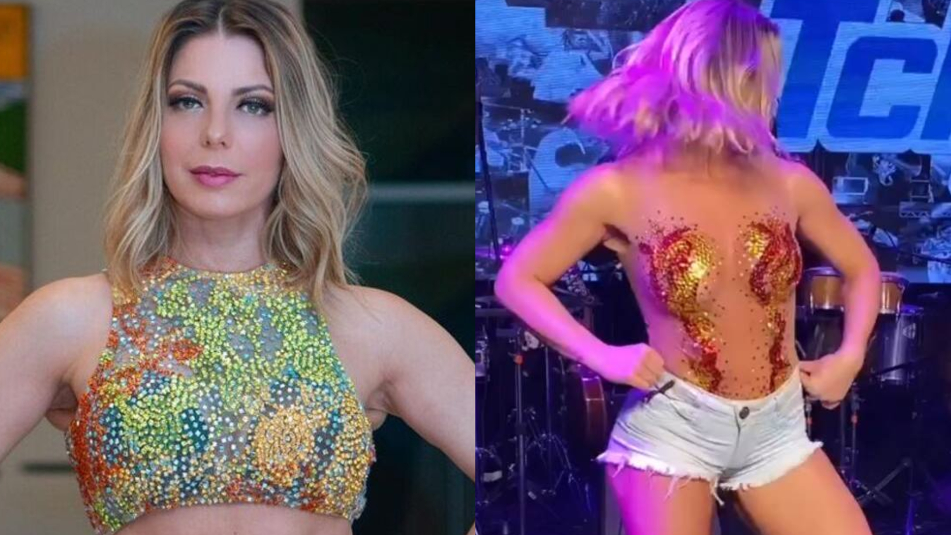 De body transparente e shortinhos, Sheila Mello surge arrasadora com o É o Tchan: ”Reencontro”