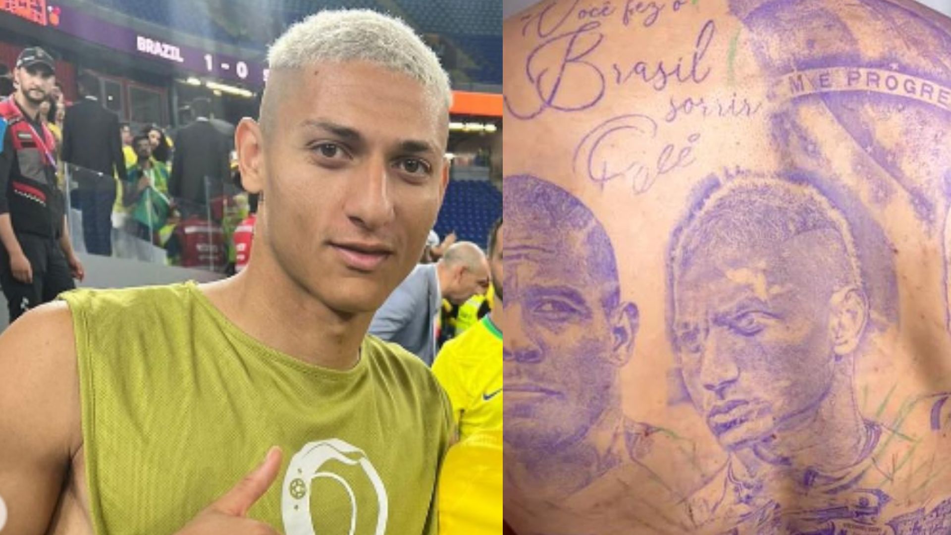 Richarlison choca ao tatuar o rosto de Neymar e Ronaldo nas costas