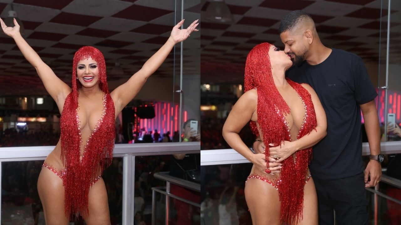 Grávida, Viviane Araújo aproveita o ensaio da Salgueiro ao lado do marido