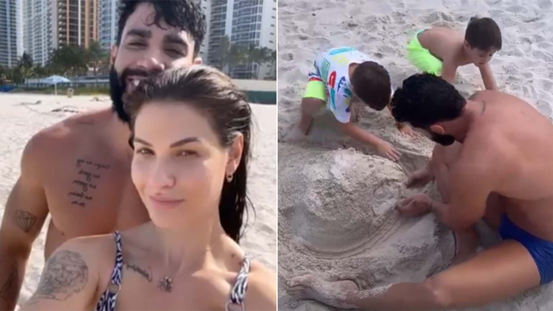 Andressa Suita e Gusttavo Lima curtem dia na praia em Miami