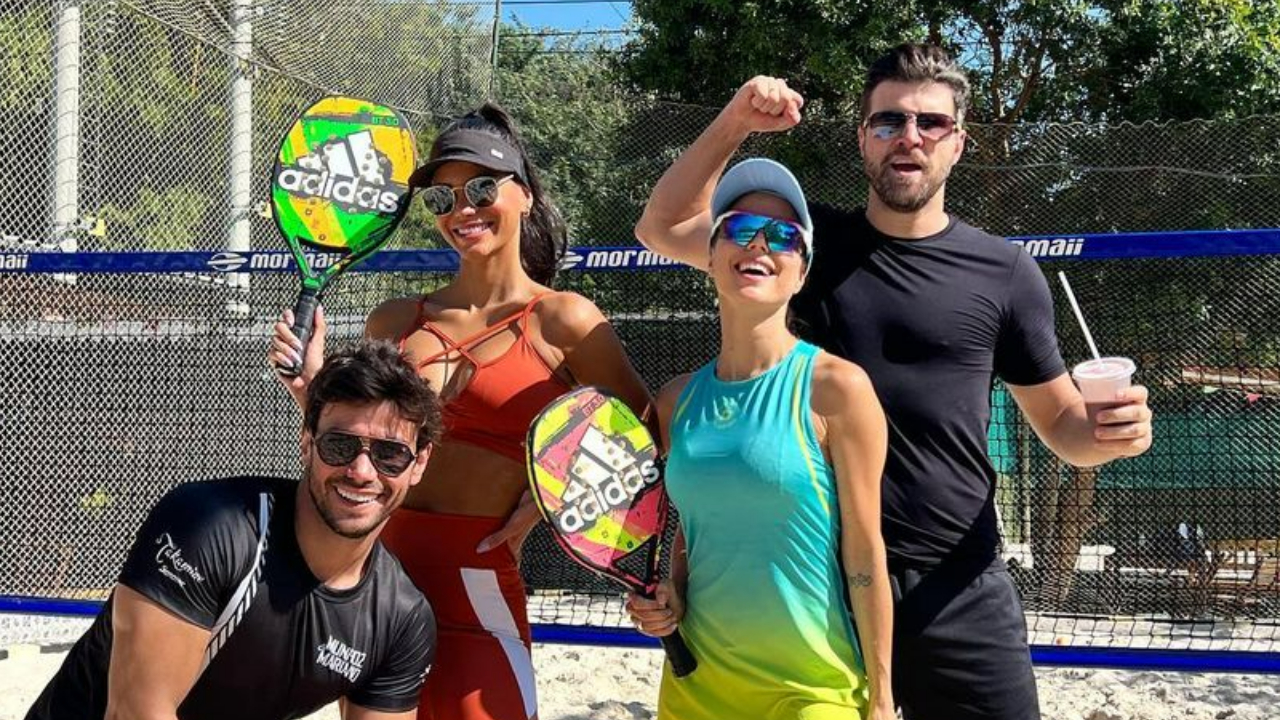 Flávia Viana e Marcelo Zangrandi se juntam com Mariano e Jake Oliveira durante aula de beach tennis: ”Começar o dia assim é demais!”