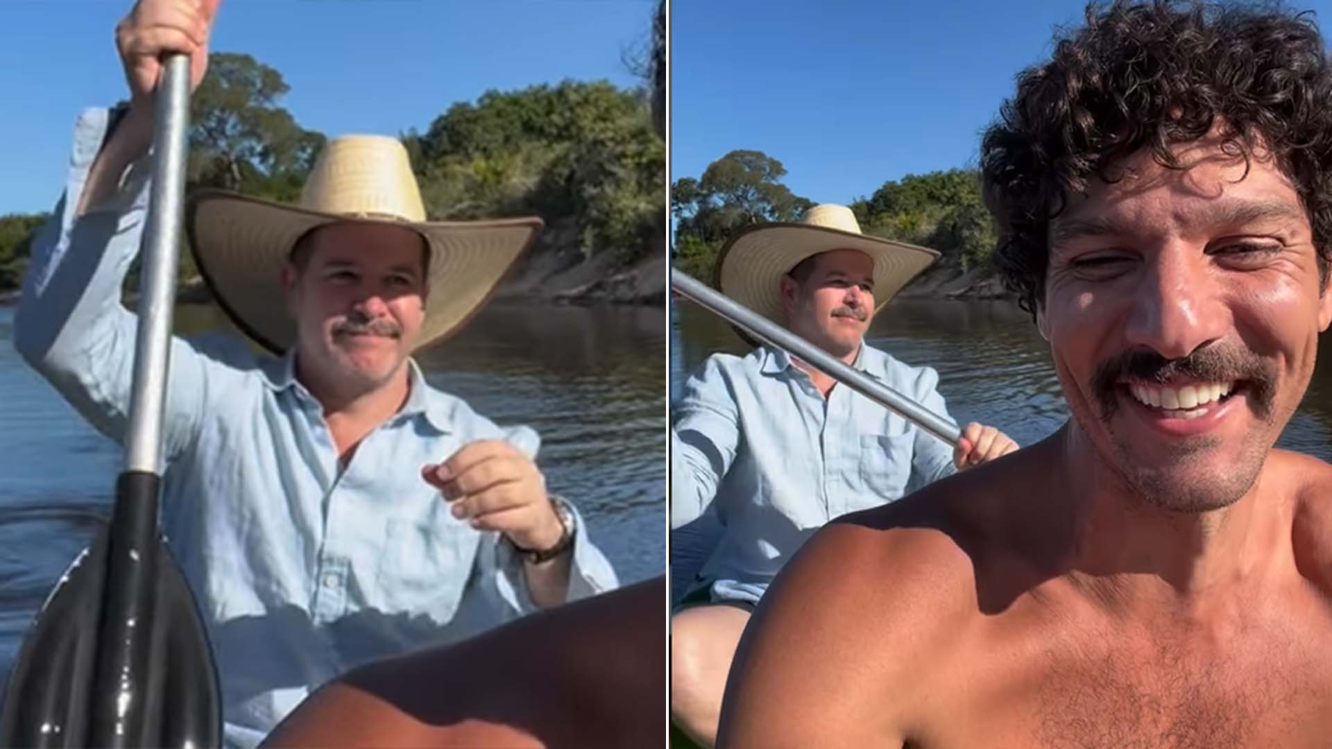 Murilo Benício surge remando em passeio com Guito no Pantanal