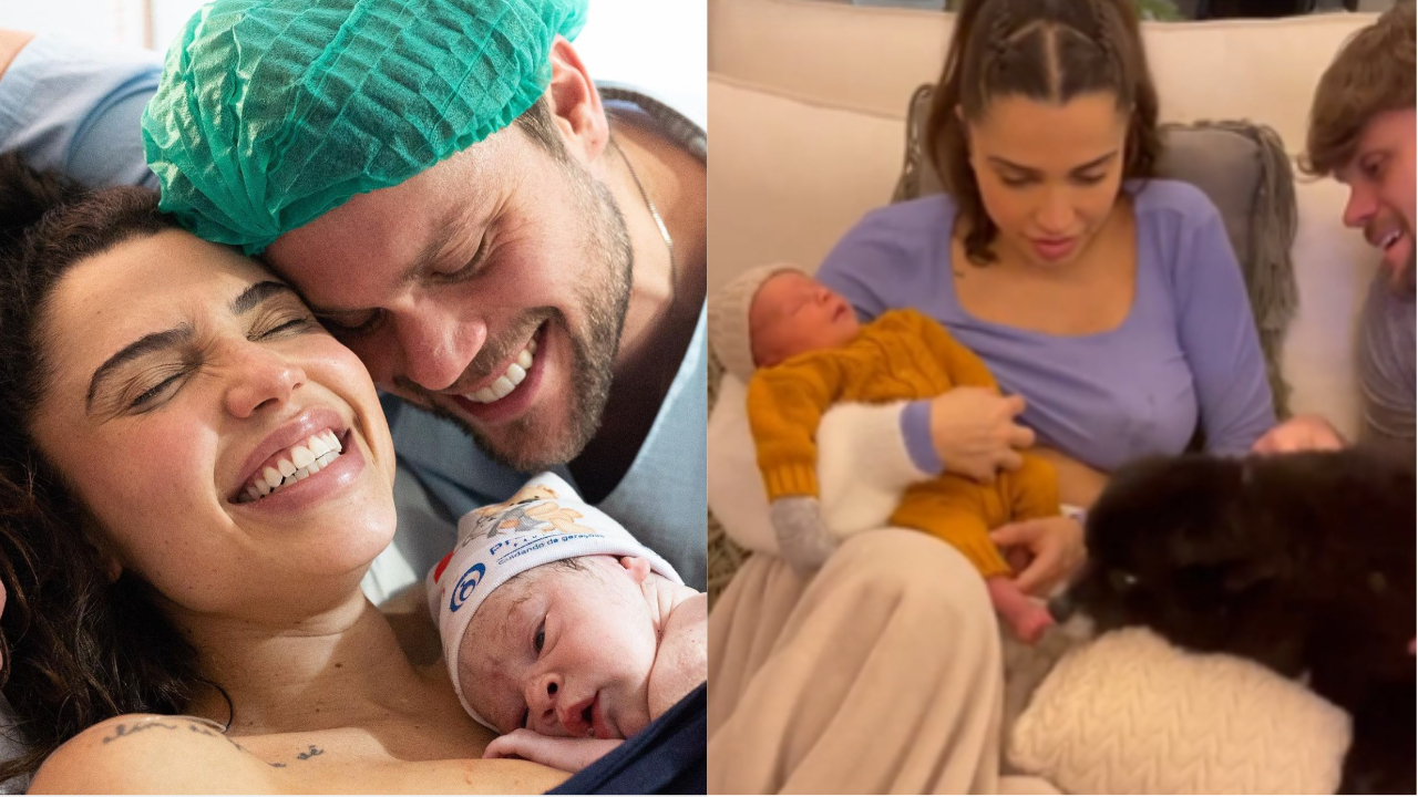 Breno Simões e Paula Amorim mostram o filho recém-nascido conhecendo a cachorrinha da família