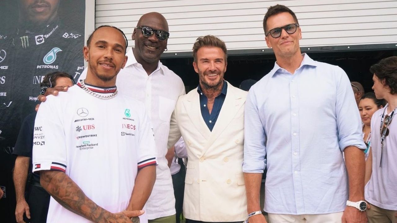 Hamilton, Michael Jordan, Beckham e Tom Brady posam juntos no GP de Miami