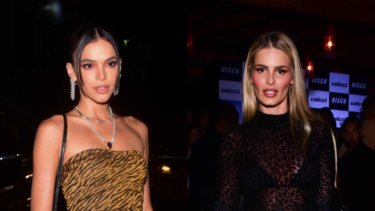 Com vestido animal print, Bruna Marquezine arrasa em festa e surge ao lado de Yasmin Brunet