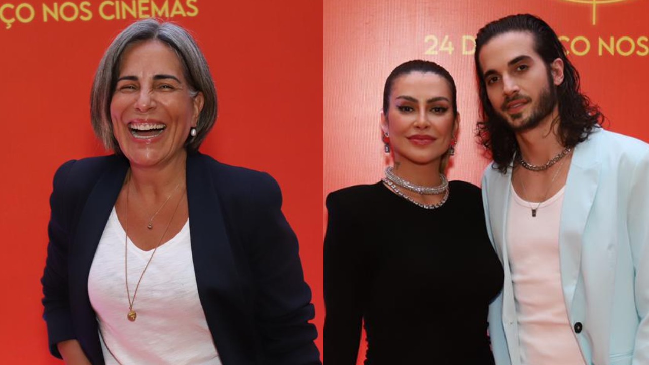 Gloria Pires prestigia Cleo e Fiuk em pré-estreia de filme e diverte ao recriar meme
